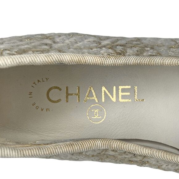 Chanel Tweed & Gold Cap Toe Ballet Flats 37C Classic Logo Flats Interlocking C - Picture 12 of 13